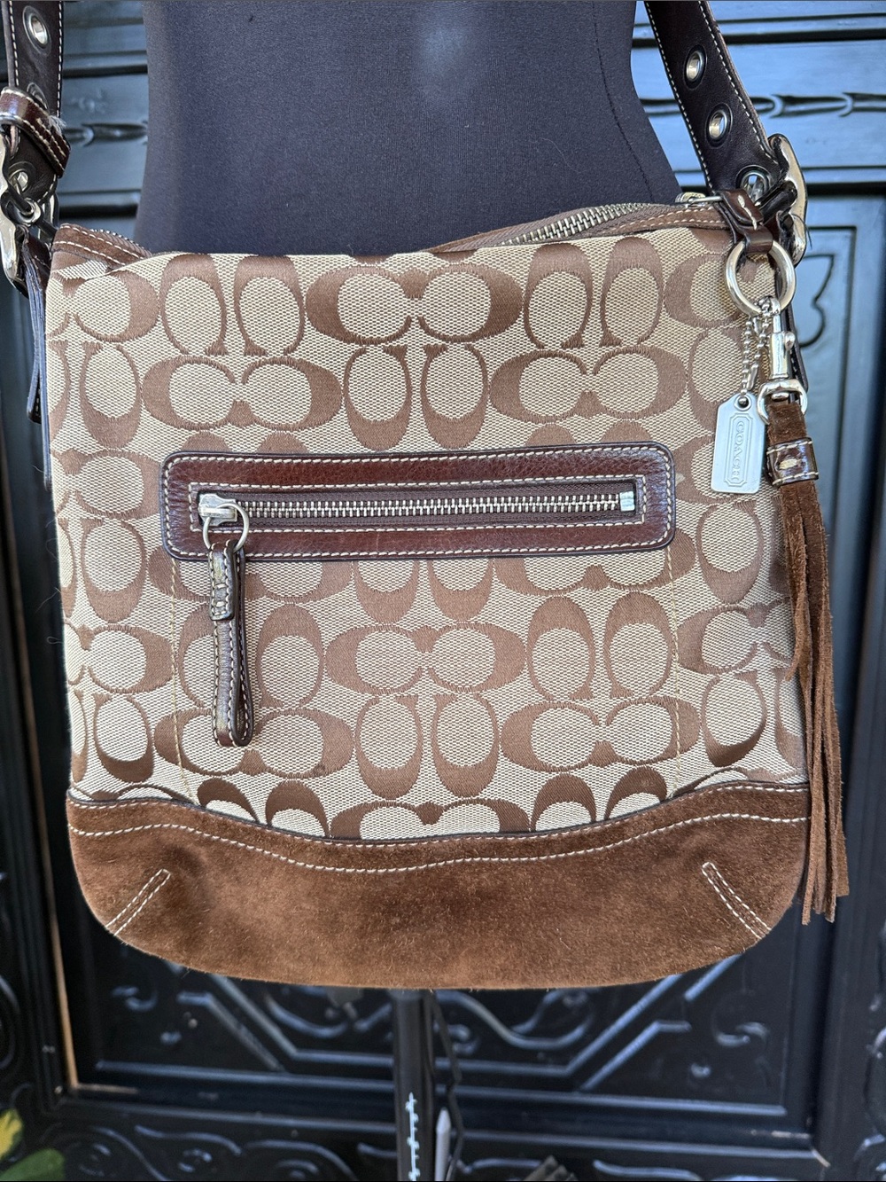 Coach Brown Signature Canvas Crossbody with Suede Trim